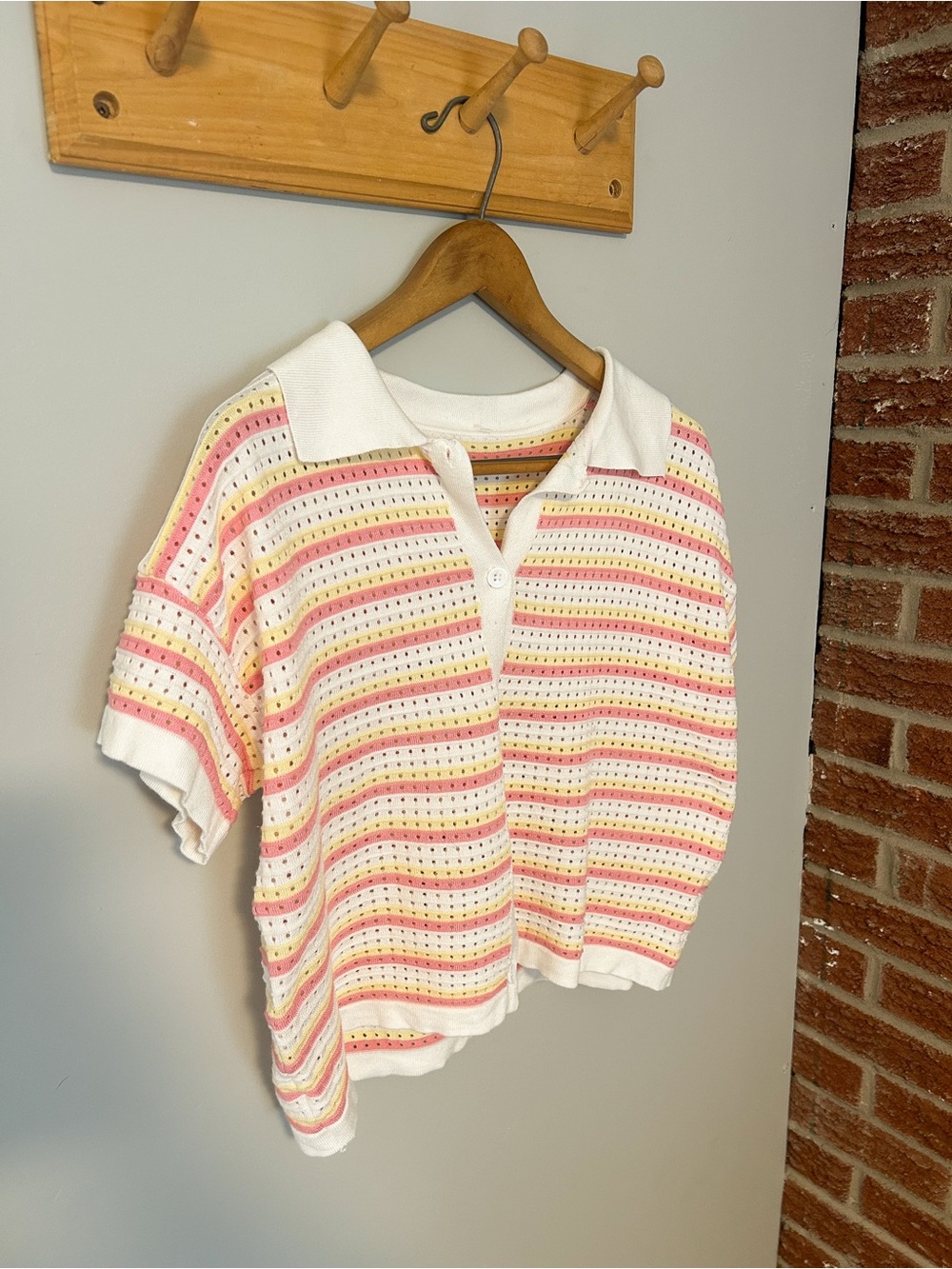 White Knit Polo Top with Pink and Yellow Stripes